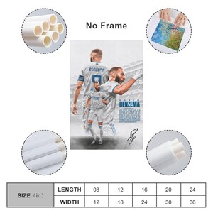 Może przedstawiać: Plakat z Karimem Benzemą w białym stroju piłkarskim. Plakat zawiera imię "BENZEMA" i podpis. Wymiary podane są w centymetrach, z długościami od 20 cm do 61 cm i szerokościami od 30 cm do 91 cm.