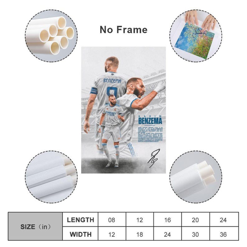 Może przedstawiać: Plakat z Karimem Benzemą w białym stroju piłkarskim. Plakat zawiera imię "BENZEMA" i podpis. Wymiary podane są w centymetrach, z długościami od 20 cm do 61 cm i szerokościami od 30 cm do 91 cm.