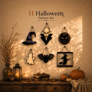 May include: A collection of six stained glass wall hangings featuring Halloween motifs including a witch hat, a vampire, a cat, a ghost, a bat, and a witch on a broomstick. The text 11 Halloween Pattern Set is displayed above the items.