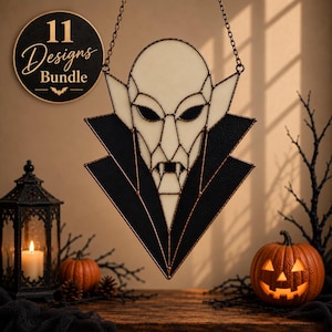 11 Halloween Stained Glass Patterns Bundle | Halloween Templates | Witch, Bat, Ghost & Vampire | PDF SVG | Instant Download