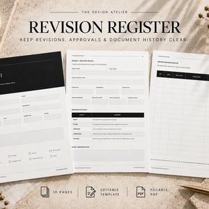 May include: A set of three printable Revision Register documents featuring a black and white layout. The pages include fields for project details, revision status keys, and history logs with text headers such as Revision Register and Project Details.