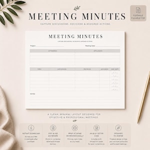 Puede incluir: Una plantilla digital blanca de actas de reunión con texto en negro. El formulario incluye campos para proyecto, fecha, asistentes, ausencias y una tabla para temas, discusiones, decisiones, tareas asignadas y fechas de entrega.