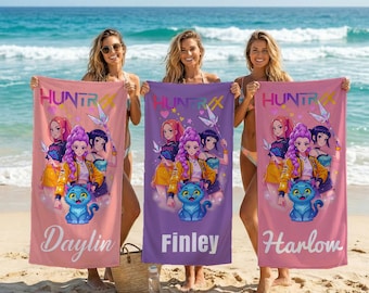 Kpop HUNTRIX Beach Towel with Custom Name, Demon Hunter Girls Fandom Print, Gift for Kpop Fans Kids Teens, Summer Vacation Pool Party Towel