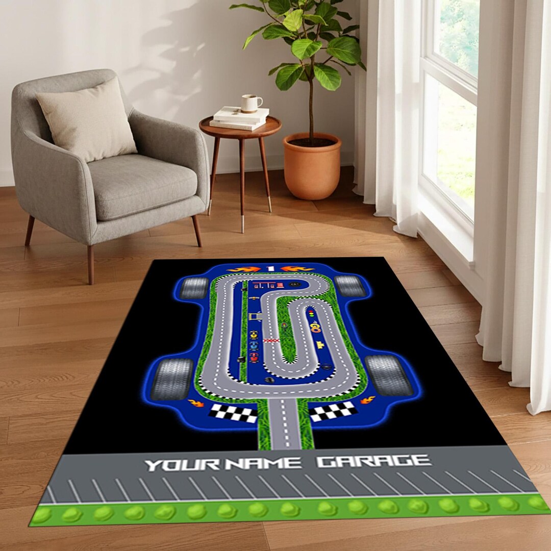 Custom Garage Rugs Custom Name Blue Neon Garage Rug, Kids Interactive Racing Track Play ...