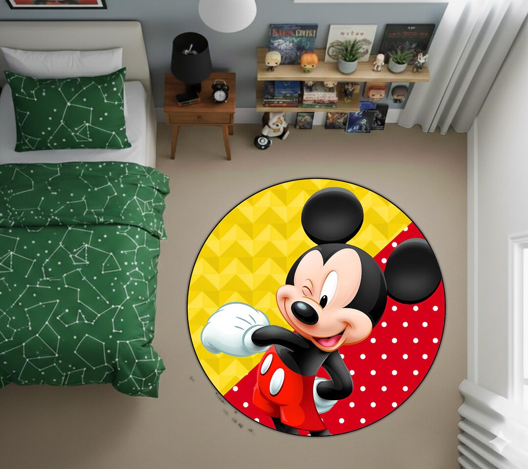 Classic Joyful Mouse Character Rug, Red and Yellow Geometric Pattern ...