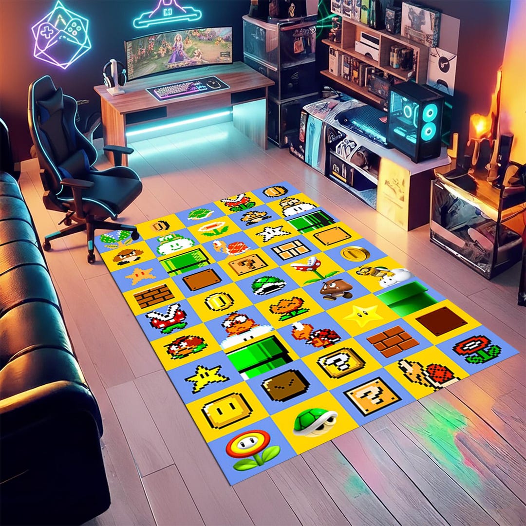 8 Bit Rug 8-bit Pixel Game Characters Rug, Iconic Video Game Level Tiles ...