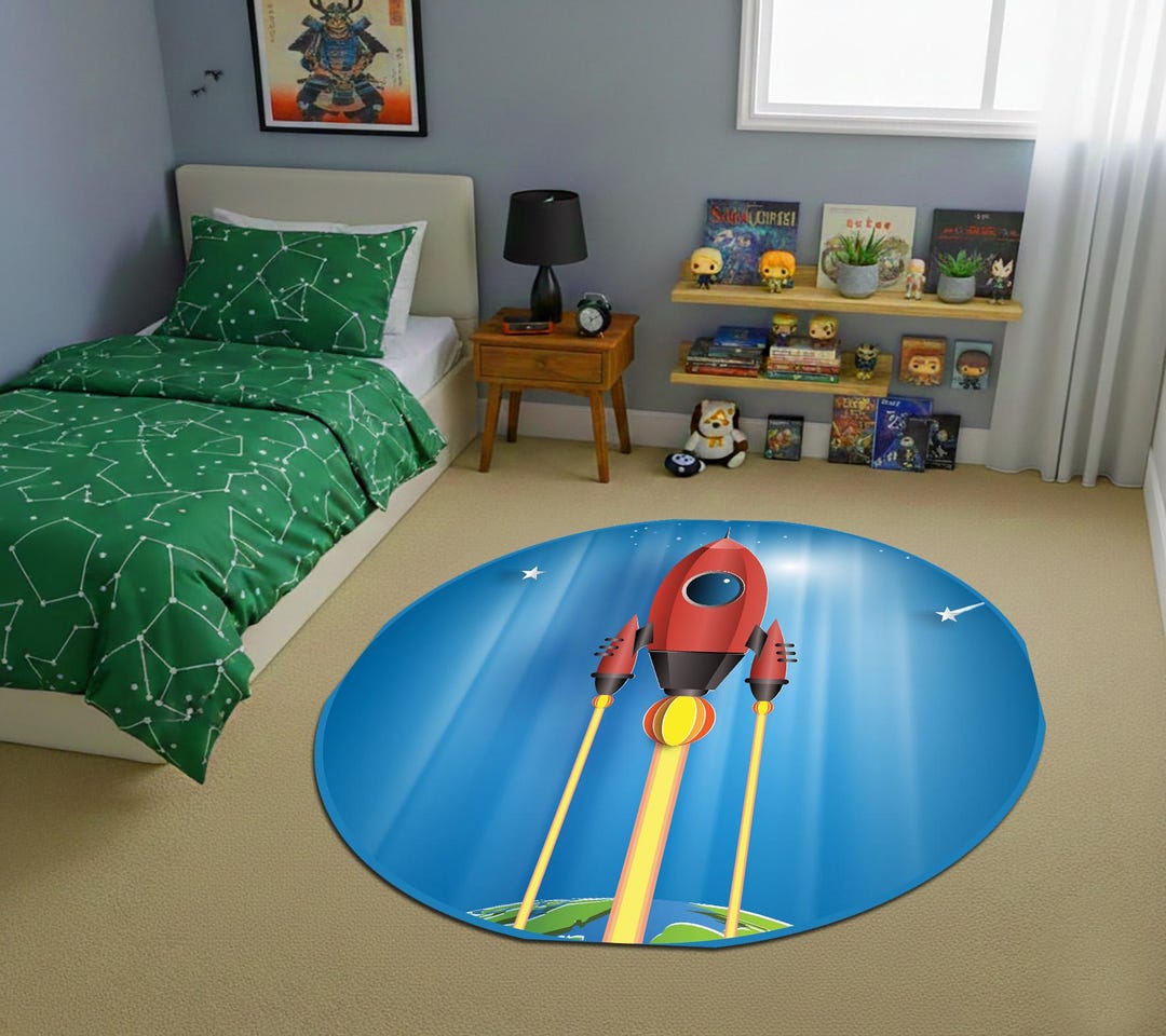 Space Rocket Adventure Rug, Outer Space Journey Carpet, Round Rug ...