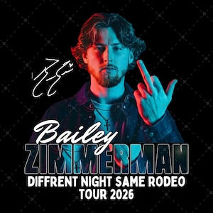 May include: Concert poster featuring Bailey Zimmerman with the text "DIFFERENT NIGHT SAME RODEO TOUR 2026." The image has a black background with a grid pattern. Zimmerman is wearing a denim jacket and a cross necklace.