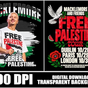 Pode incluir: Um design gráfico digital com Macklemore numa t-shirt branca com o texto Free Palestine, um punho com a bandeira palestiniana, duas pombas brancas, papoilas vermelhas, fatias de melancia e datas da digressão em Dublin, Paris e Londres.