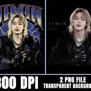 Puede incluir: Dos archivos gráficos digitales con un retrato de Jimin de cabello rubio, vistiendo una chaqueta de cuero negra, un collar de cadena plateada y guantes negros sin dedos. Un diseño incluye el texto JIMIN, FACE y PARK JIMIN con rayos.