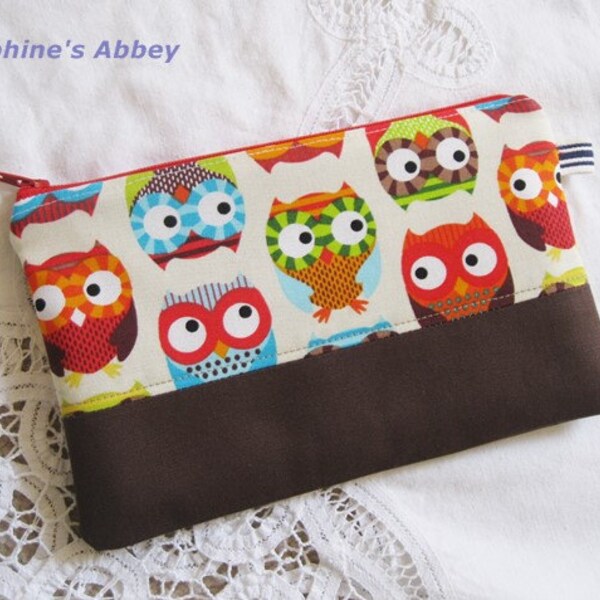 FREE SHIPPING-Large Color Owl Pencil Case, Zipper Pouch, Pencil Pouch Padded from Josephine's Abbey-RED Zipper