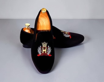 Goodyear Welted Men Black Embroidery Velvet Slip On Loafer Dress Up Shoes.