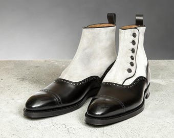 Goodyear Welted Men White Suede & Black Leather Cap Toe Ankle Button Boots.