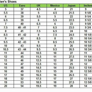 May include: A shoe size conversion chart titled "Men's Shoes" with columns for US, Euro, UK, Mexico, Japan, and Inches. The chart lists various shoe sizes, starting from US size 5, with corresponding sizes in other measurement systems.