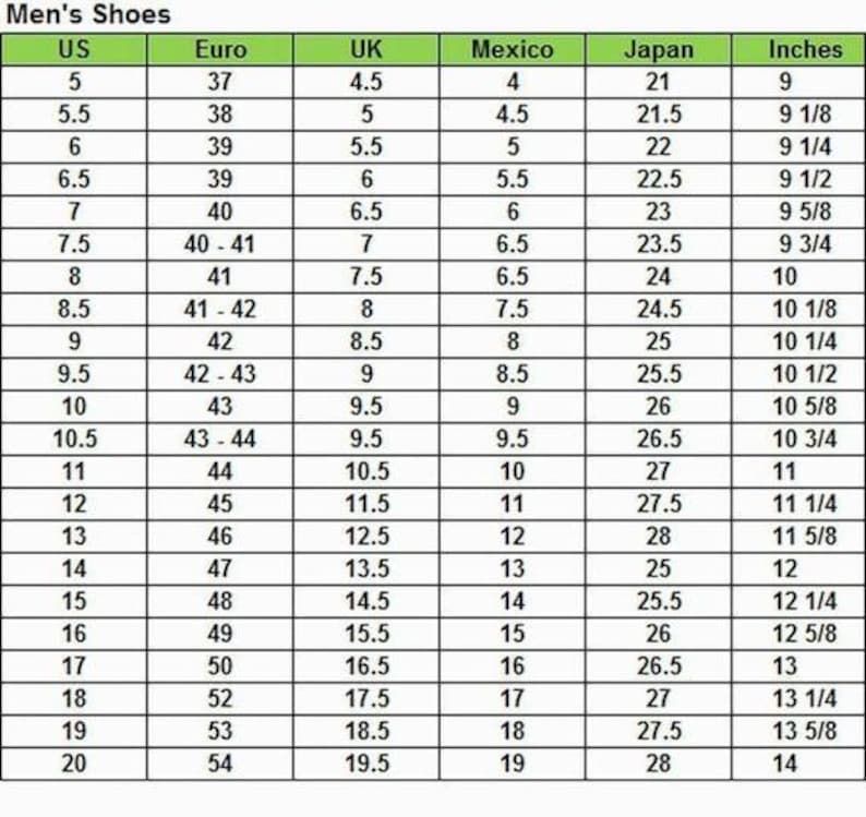 May include: A shoe size conversion chart titled "Men's Shoes" with columns for US, Euro, UK, Mexico, Japan, and Inches. The chart lists various shoe sizes, starting from US size 5, with corresponding sizes in other measurement systems.