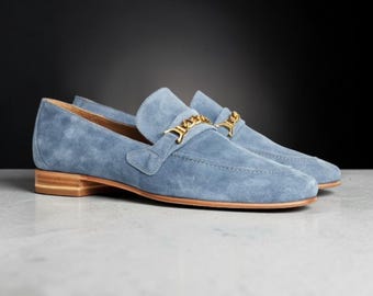 Goodyear Welted Men Light Blue Suede Slip On Loafer Moccasin Dress Up Shoes.