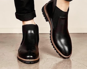 Goodyear Welted Men Black Leather Vibram Sole Chelsea Ankle Formal Dress Boots.