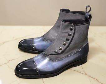 Goodyear Welted Grey Suede Leather Cap Toe Button Boots – Patina Shaded Formal Dress