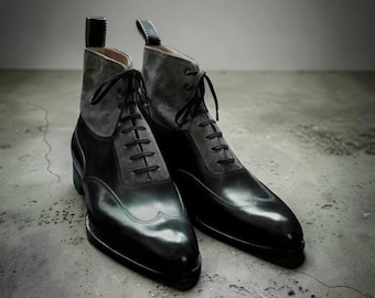 Stivali da uomo Goodyear Welted in pelle scamosciata grigio scuro e pelle nera con punta a coda di rondine