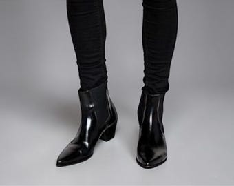Goodyear Welted Men Black Leather Chelsea Pointy Toe Ankle Formal Dress Boots.