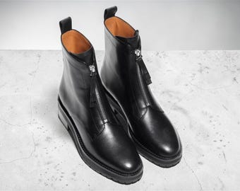 Goodyear Welted Men Black Leather Front Zipper Ankle Formal Dress Boots.