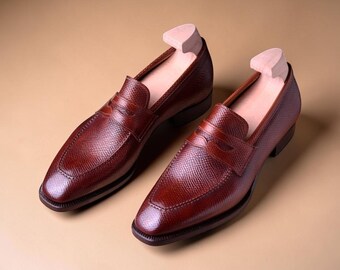 Goodyear Welted Men Burgundy Grain Leather Slip On Moccasin Formal Shoes.