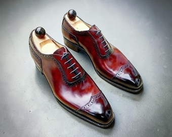 Goodyear Welted Men Burgundy Shaded Leather Lace Up Cap Toe Oxford Formal Shoes.