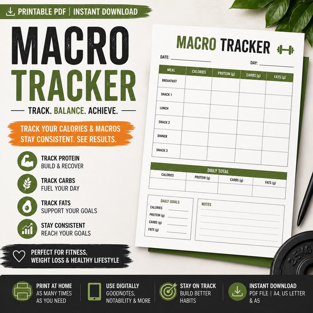 Macro Tracker Printable PDF, Fitness Calorie Log Sheet (digital ...
