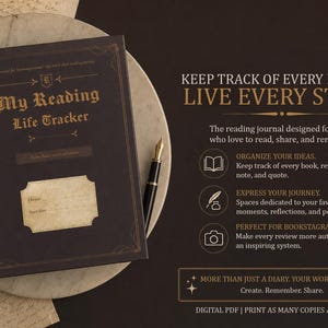 May include: A dark brown reading journal titled "My Reading Life Tracker" with gold lettering and decorative elements. The journal is open to a blank page with space for notes. A gold-tipped pen rests beside it.