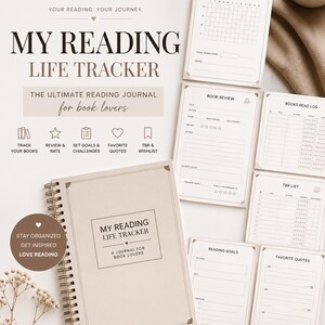 May include: A beige spiral-bound journal titled "MY READING LIFE TRACKER" with the text "A JOURNAL FOR BOOK LOVERS." Additional pages include a reading tracker, book review, and reading goals. The journal is designed for book lovers.