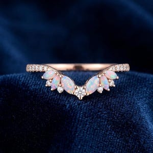 Unique Opal Curved Engagement Band Rose Gold Moissanite Wedding Rings For Women Vintage Stacking Matching Chevron Band Promise Band Bridal
