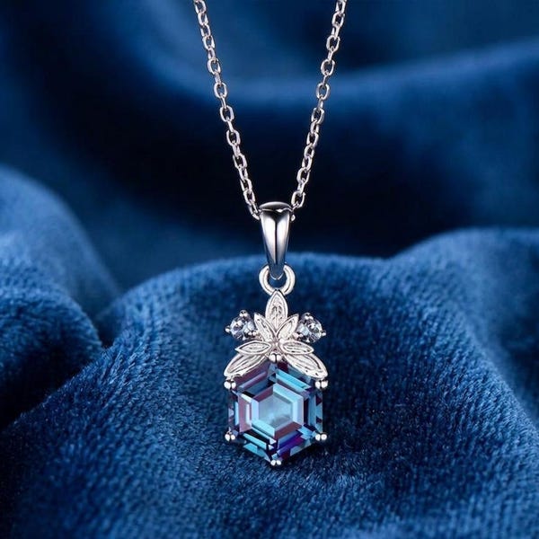 Hexagon Cut Alexandrite Pendant Necklace: Sterling Silver Floral Nature Design (June Birthstone)
