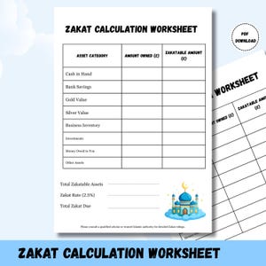 Op de afbeelding: Een witte Zakat Calculation Worksheet met een blauwe en gouden moskee-illustratie. De worksheet bevat secties voor activacategorieën, het bedrag in bezit en het zakat-bedrag. Tekst bevat "PDF Download".