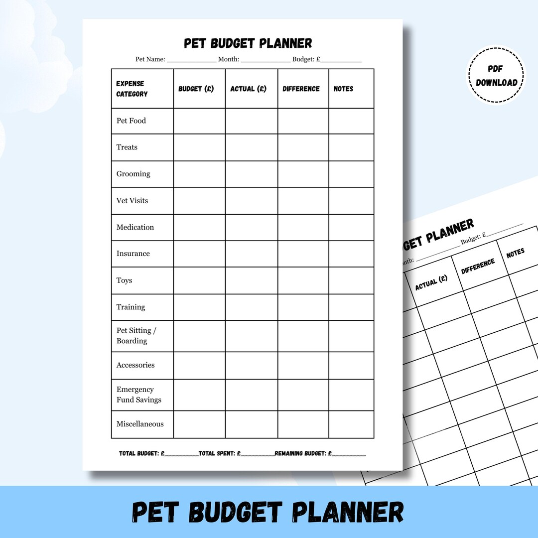 Pet Care Cost Planner Printable, Dog Cat Spending Tracker, Animal ...