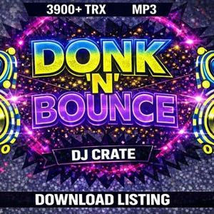 May include: A colourful graphic promoting "DONK 'N' BOUNCE", with the text in purple and yellow. The design includes speaker graphics, smiley faces, and the text "DJ CRATE" and "DOWNLOAD LISTING". The background is a speckled grey.