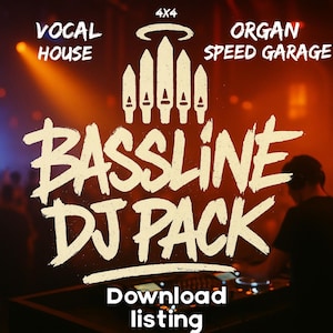 Può includere: Immagine promozionale per un pacchetto DJ, con il testo "BASSLINE DJ PACK" in un carattere audace e stilizzato. L'immagine include le parole "VOCAL HOUSE" e "ORGAN SPEED GARAGE". Un DJ è visto in silhouette, che mixa musica.