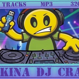 Pode incluir: Uma ilustração de desenho animado de um personagem amarelo usando fones de ouvido e uma camisa verde, operando um console de mixagem de DJ. O personagem segura um pen drive azul. O texto no topo diz 1300+ TRACKS MP3 320KBPS, e embaixo MAKINA DJ CRATE.