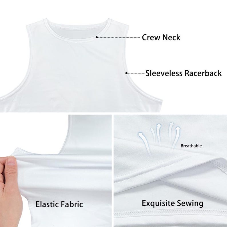 K&ouml;nnte beinhalten: Wei&szlig;es &auml;rmelloses Racerback-Top mit Rundhalsausschnitt. Das Bild zeigt den elastischen Stoff und die exquisite Verarbeitung. Der Text weist auf Atmungsaktivit&auml;t hin.