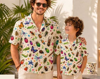 Vintage Insect Hawaiian Shirt, Butterfly Beetle Dragonfly Button Up, Botanical Bug Aloha Shirt, Nature Gift, Entomology Shirt, Deli 10-15day