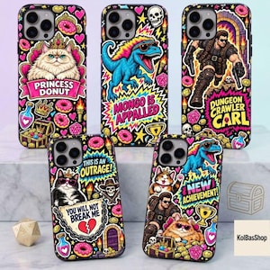 May include: Five smartphone cases featuring vibrant, colorful graphic illustrations. Designs include a cat wearing a crown with the text PRINCESS DONUT, a blue dinosaur with the text MONGO IS APPALLED, a warrior with the text DUNGEON CRAWLER CARL, a cat with the text THIS IS AN OUTRAGE! YOU WILL NOT BREAK ME, and a cat with a warrior and the text NEW ACHIEVEMENT.