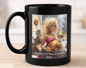 Everything Is Fine Funny Mug 15oz, Viral Doll Meme Coffee Mug, Relatable Stress Humor Cup, Sarcastic Gift for Coworker, Unhinged Mug