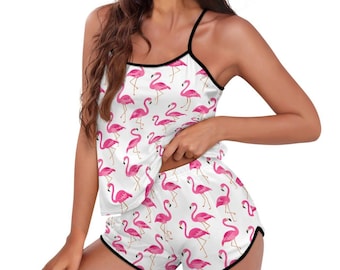 Flamingo Print Sleepwear Pajama Set Women, Cute Bird Pattern Cami Top and Shorts Set, Soft Summer Loungewear, Cozy Nightwear Gift