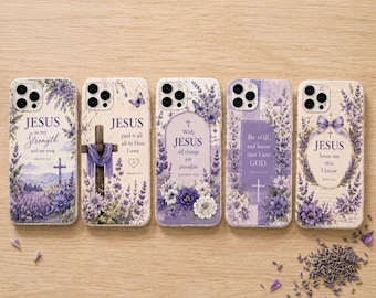 May include: Five phone cases featuring purple lavender floral designs and religious text. The cases display various Christian themes, including crosses, bows, and quotes such as Jesus is my Strength, Jesus paid it all, and Jesus loves me this I know.