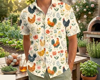 Chicken Hawaiian Shirt for Men, Backyard Chicken Aloha Family Shirt, Rooster Floral Beach Shirt, Farmhouse Summer Shirt, Deli 10-15days
