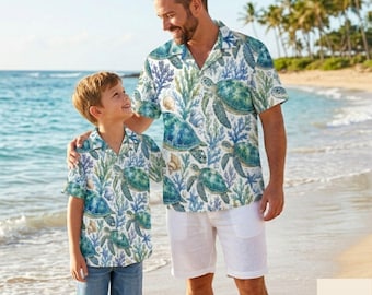 Father Son Sea Turtle Hawaiian Shirt, Tropical Turtle Beach Shirts, Daddy and Me Beach Button Up, Turtle Lover Gift, Deli 10-15days