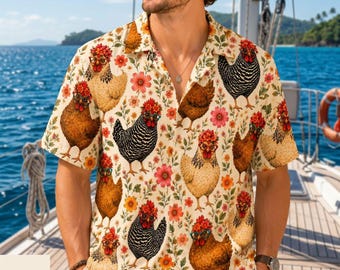 Farm Chicken Hawaiian Shirt, Floral Rooster Aloha Shirt, Country Farm Animal Button Up, Funny Chicken Shirt, Farmhouse Gift, Deli 10-15days