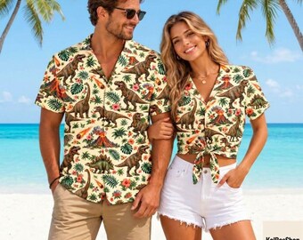 Matching Dinosaur Hawaiian Shirts, Tropical T Rex Aloha Button Up, Couples Beach Vacation Outfit, Prehistoric Lover Gift