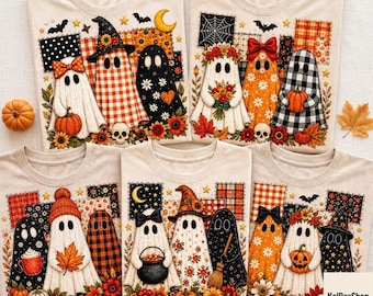 May include: Four beige t-shirts featuring various Halloween-themed ghost illustrations. The designs include ghosts wearing hats, holding pumpkins, and surrounded by autumn patterns like plaid, sunflowers, and stars. The text KolBasShop is visible.