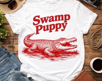Crocodile Design Swamp Puppy T-Shirt - Unisex Casual Crew Neck Short Sleeve Tee, Extremely Soft, Lightweight, Outdoor Activities