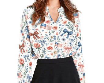 USA Anniversary Shirt, American Flag 1776 Women Shirt, Retro Floral Patriotic Casual Shirt, 4th of July Casual Shirt